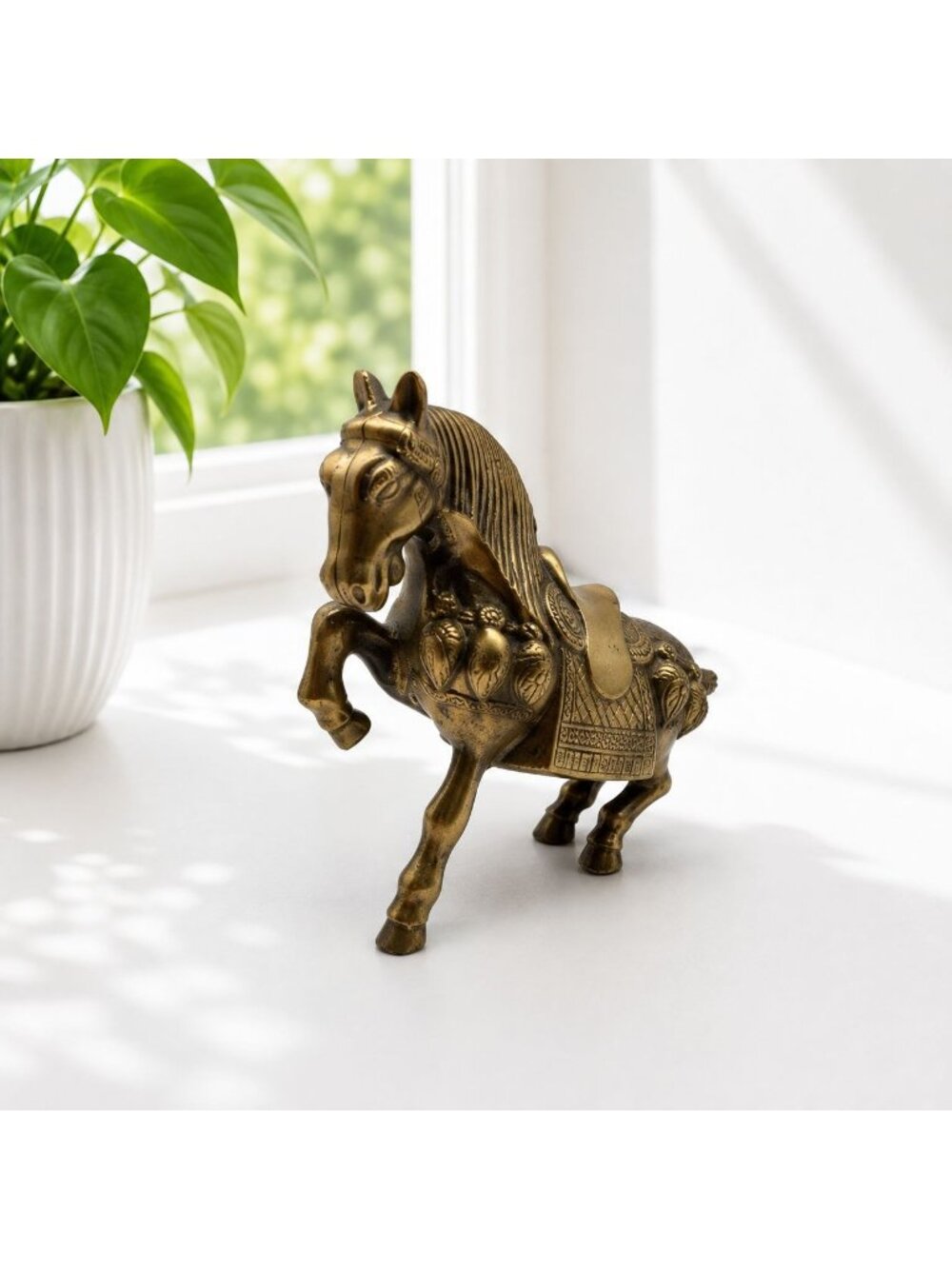 Vintage Heavy Solid Brass Horse Figurine 4.7 lb Ornate Saddled Horse Sculpture E